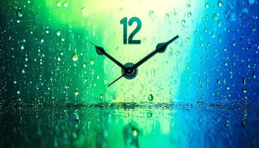 Prompt: Raindrop Clock:
	•	A clock face where the numbers are made of raindrops, showing the time with raindrop hands.