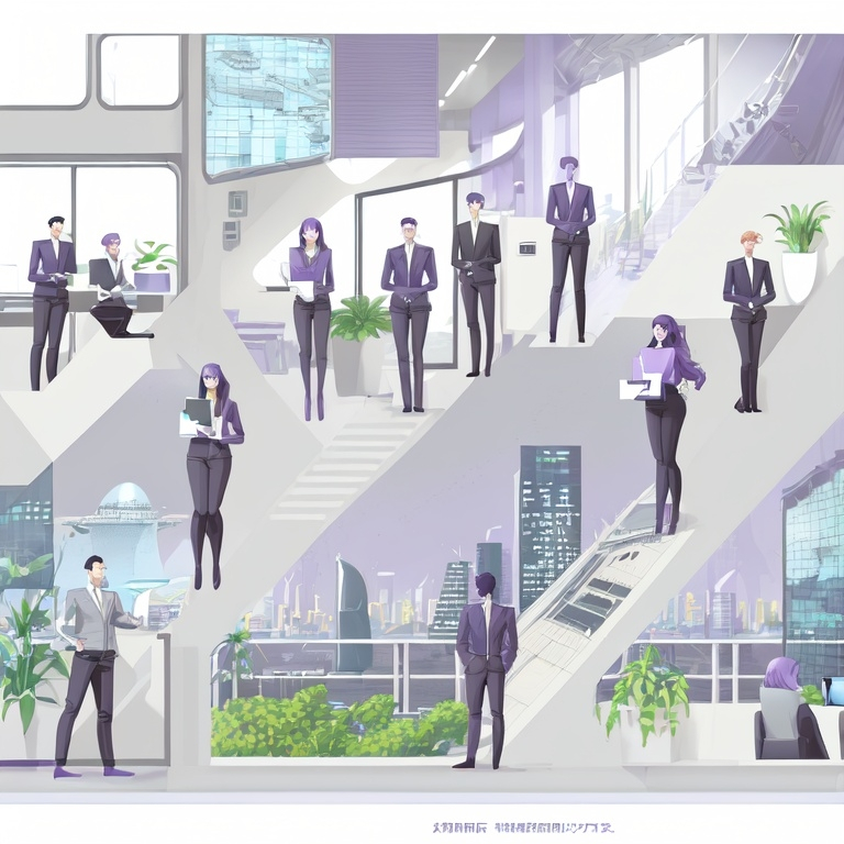 Prompt: Attractive happy people in business casual attire, futuristic office setting,  a window with a view of a cargo ship near a bridge, subtle shades of grayish purple, high-tech, office plants, a window with a view of a cargo ship near a bridge, enhanced bright colors, GenAI theme, best quality, futuristic,