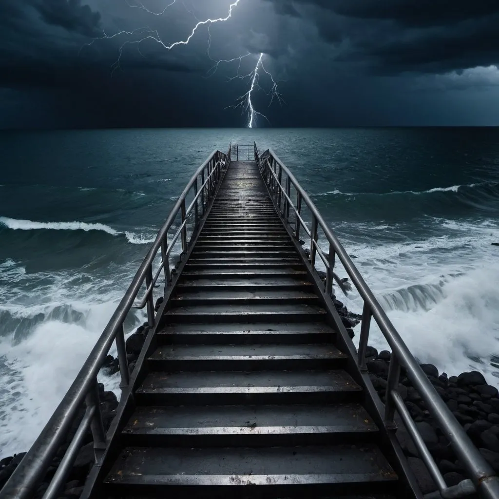 Prompt: Metal stairs going into ocean. It's dark and there is a thunderstorm. Lighting cracks in the background off camera. 