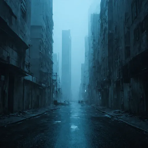 Prompt: dystopian future city engulfed in dense fog, (ominous atmosphere), futuristic skyscrapers looming, dim neon lights piercing through the mist, abandoned streets, (highly detailed), muted color palette with shades of gray and blue, reflections shimmering on wet surfaces, eerie shadows, (cinematic ambiance), ultra-detailed, 4K resolution, feeling of desolation and mystery.