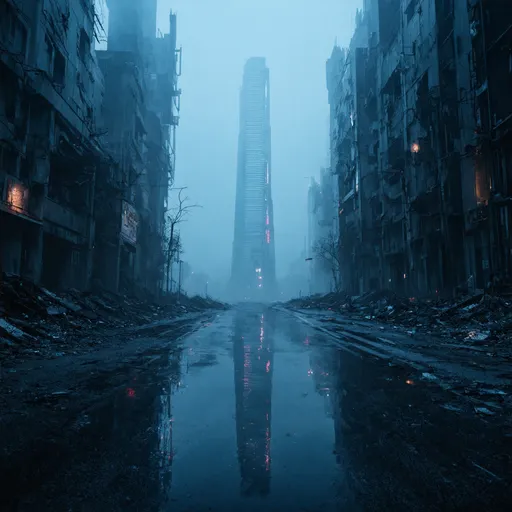 Prompt: dystopian future city engulfed in dense fog, (ominous atmosphere), futuristic skyscrapers looming, dim neon lights piercing through the mist, abandoned streets, (highly detailed), muted color palette with shades of gray and blue, reflections shimmering on wet surfaces, eerie shadows, (cinematic ambiance), ultra-detailed, 4K resolution, feeling of desolation and mystery.