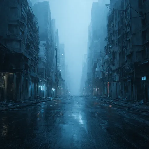 Prompt: dystopian future city engulfed in dense fog, (ominous atmosphere), futuristic skyscrapers looming, dim neon lights piercing through the mist, abandoned streets, (highly detailed), muted color palette with shades of gray and blue, reflections shimmering on wet surfaces, eerie shadows, (cinematic ambiance), ultra-detailed, 4K resolution, feeling of desolation and mystery.