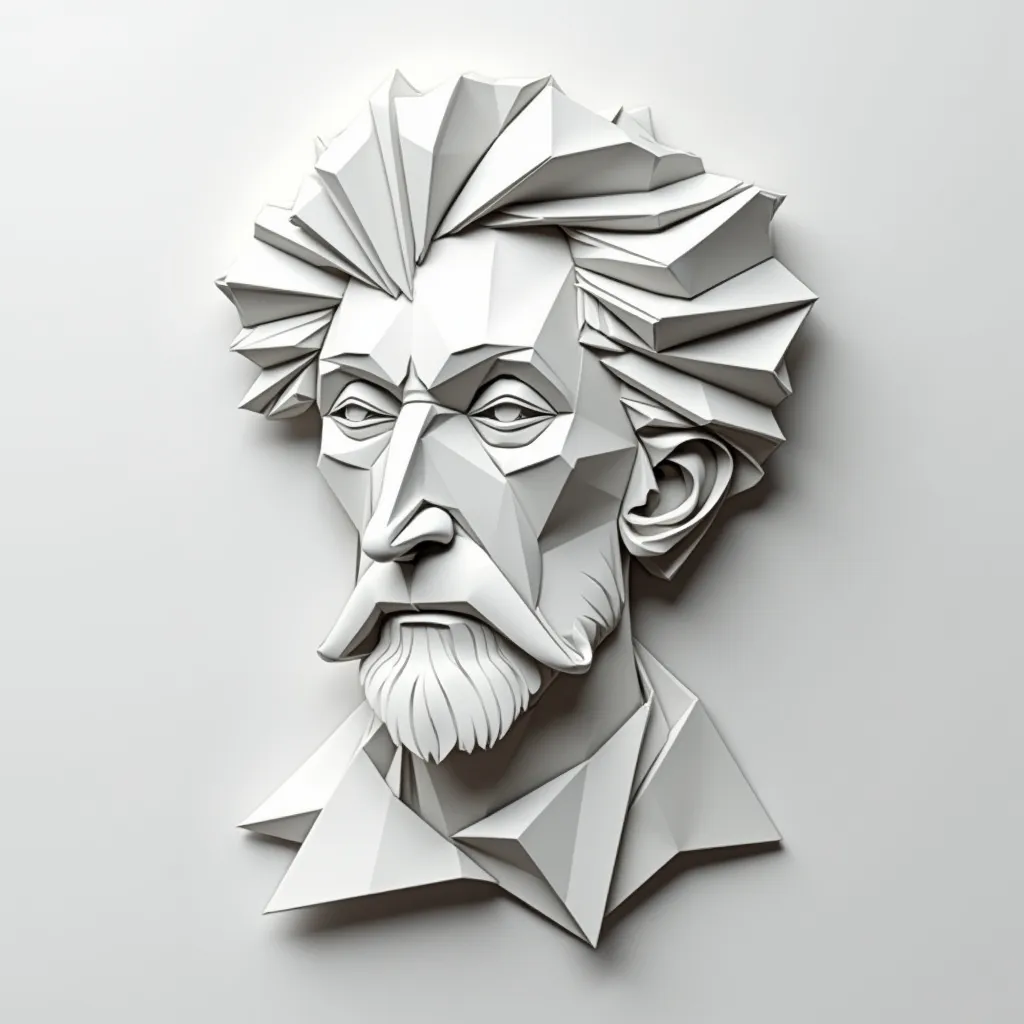 Prompt: origami-style portrait of Vincent Van Gogh, intricate paper folds, minimalist design, each fold highlighting his iconic features, soft white and light gray tones, clean lines, natural shadows creating depth, intricate details on facial expression, creative playfulness in the composition, artistic representation, high resolution, ultra-detailed, contemporary art vibe.