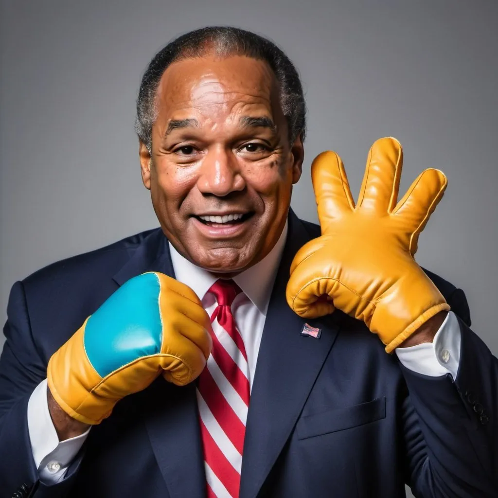 Prompt: create a fun and colourful picture of a cross between oj simpson and donald trump wearing big gloves and looking both happy and guilty in their expressions