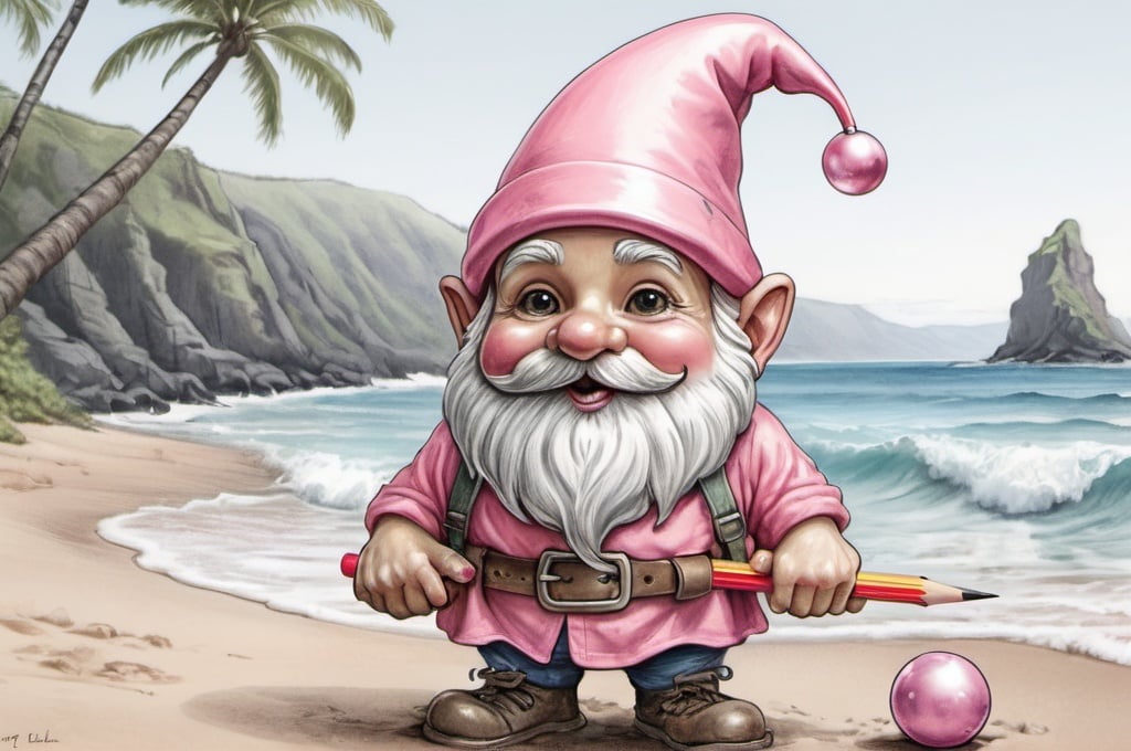 Prompt: Illustrated T-shirt design, Sketch, cartoon christmas gnome but with summer look on the beach with hawaii details, professional realistic pencil drawing, white background at the edges, microdetalization, ultra hd, made in a round vignette , drawing, realistically beautiful pencil drawing, pink pale color palette, high quality, detailed, Hyperrealistic art niji, [stylized by William Kay Blacklock and Jan Weenix