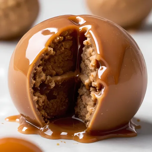Prompt: A caramel protein ball that has liquid flavouring inside the centre of it