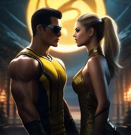 Prompt: Create a stunning 4K artwork inspired by the iconic characters johnny cage and sonya blade from Mortal Kombat movies. Emulate the artistry of Cyril Rolando and Goro Fujita, drawing inspiration from their distinctive styles. Enhance the artwork with the visual quality of v-ray, ray tracing, and cell shading techniques, bringing out the grace and power of this legendary character in a truly immersive and visually striking masterpiece."