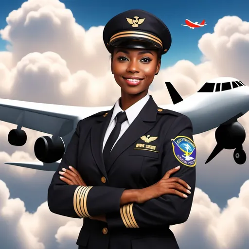 Prompt: Create a background with a black male pilot next to an airplane. Add a female meteorologist with heart shaped clouds