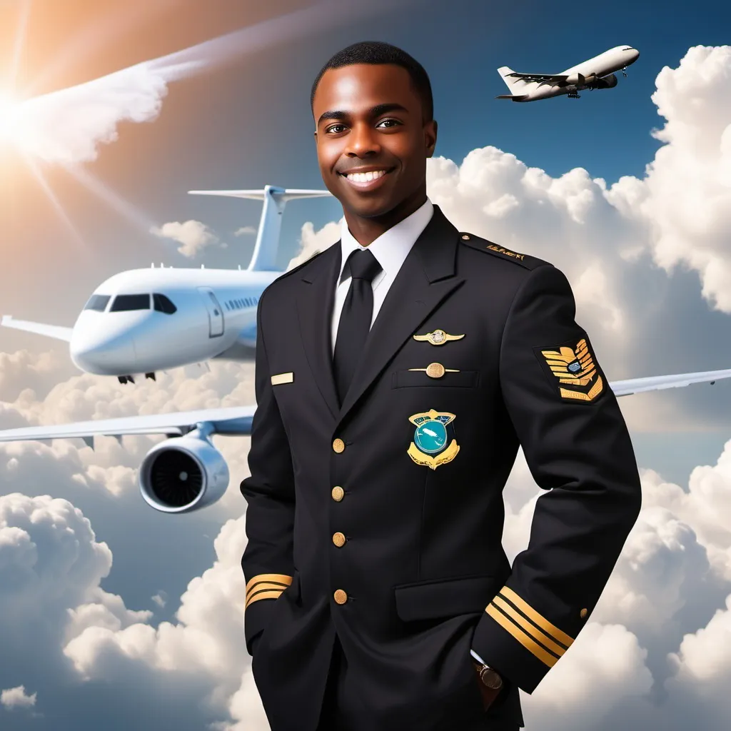 Prompt: Create a background with a black male pilot next to an airplane. Add a female meteorologist with heart shaped clouds