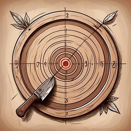 Prompt: brown sketch of a fantasy wooden target, there is a knife in the target