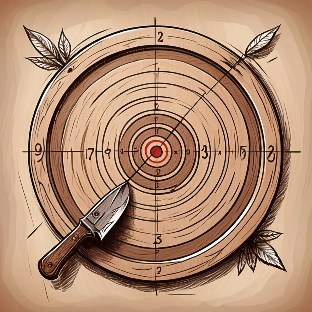 Prompt: brown sketch of a fantasy wooden target, there is a knife in the target