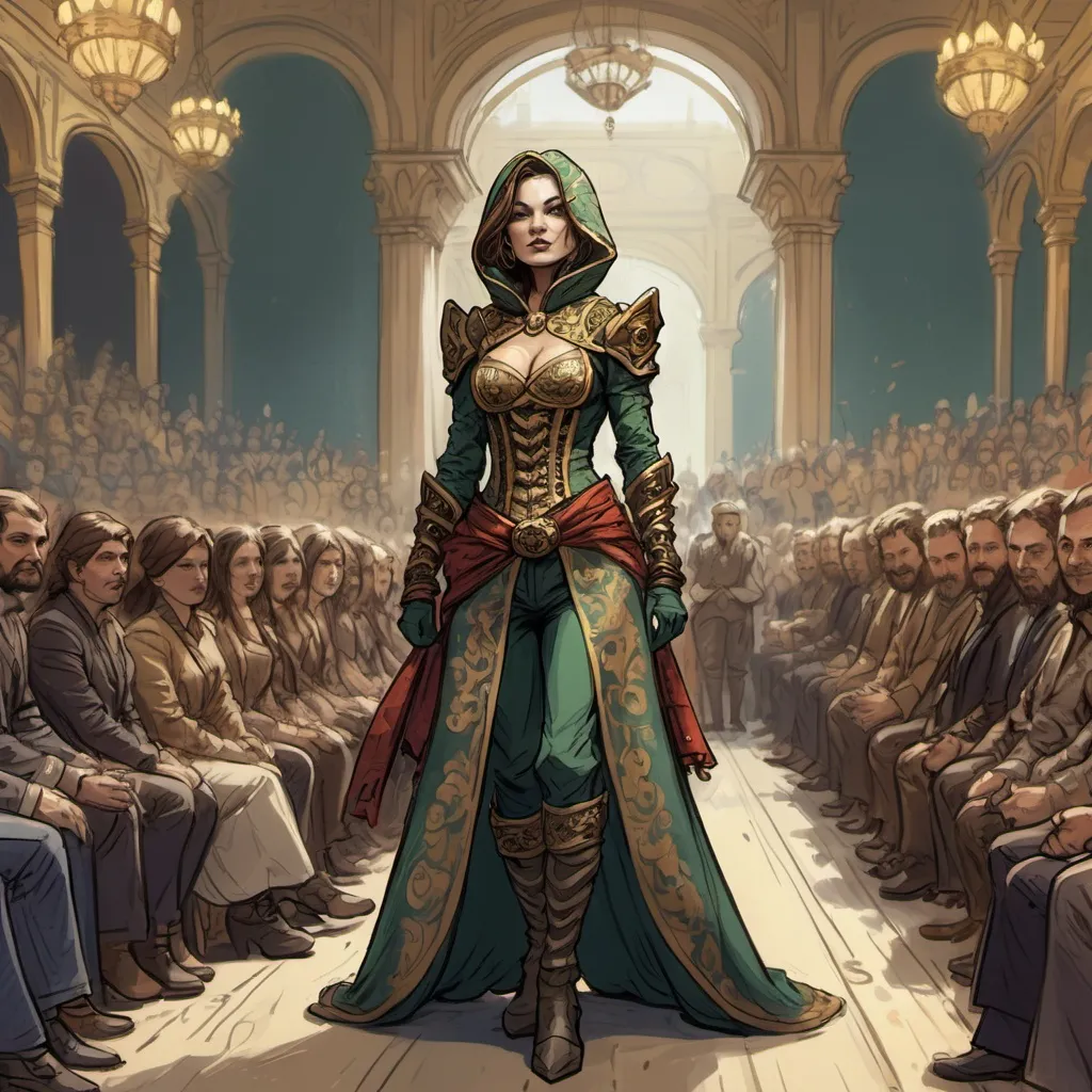 Prompt: color sketch of a female human rogue in ornate clothes standing proudly in front of an applauding crowd