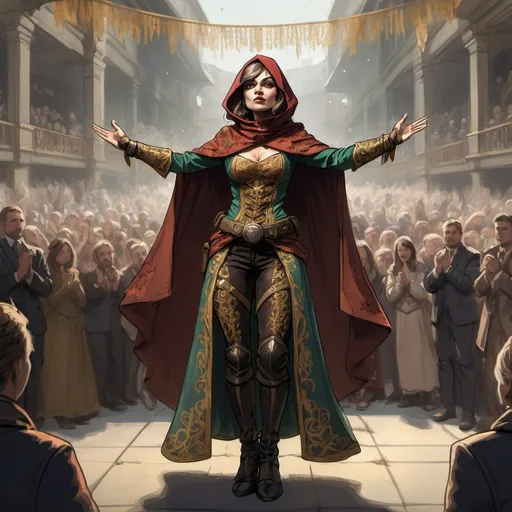 Prompt: color sketch of a female human rogue in ornate clothes standing proudly in front of an applauding crowd. She is wearing pants and a cloak and her arms are raised.