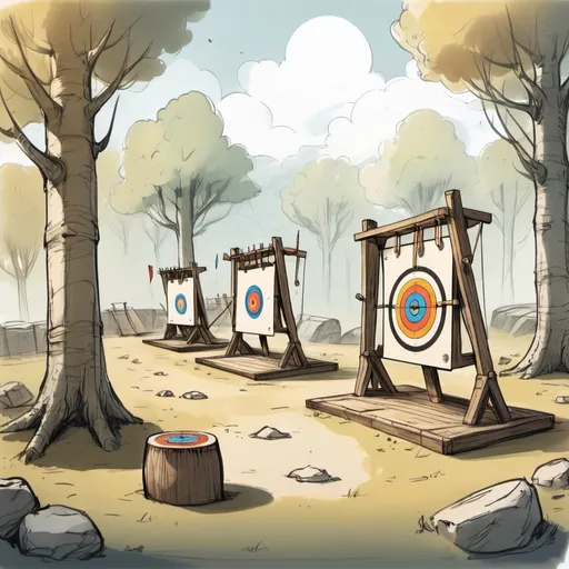 Prompt: color sketch of a fantasy archery range with wooden targets