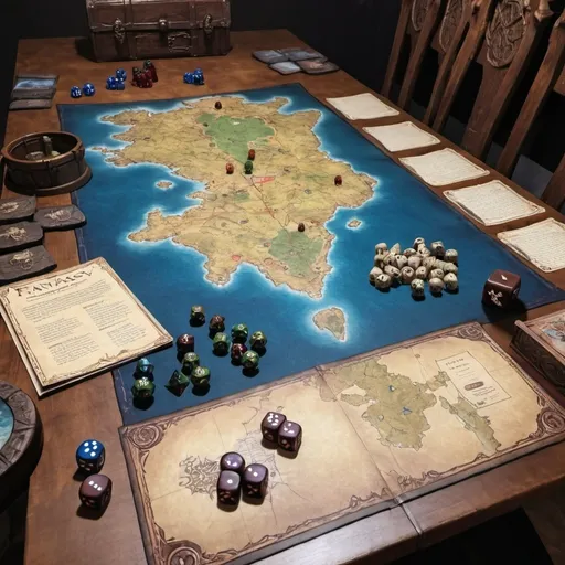 Prompt: fantasy rpg table with maps and dice on it