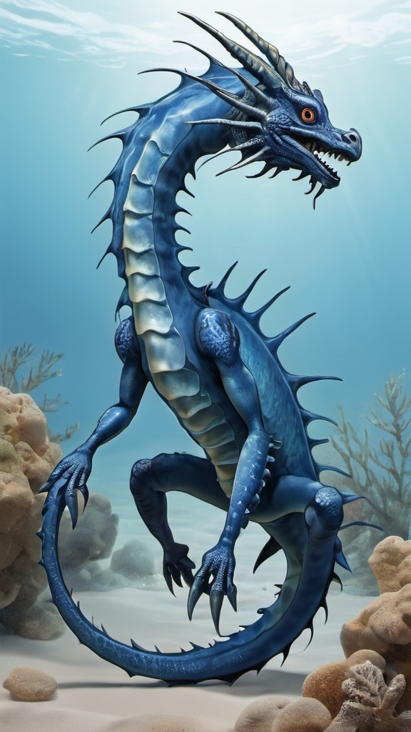 Prompt: illustration of blue sea dragon with four legs