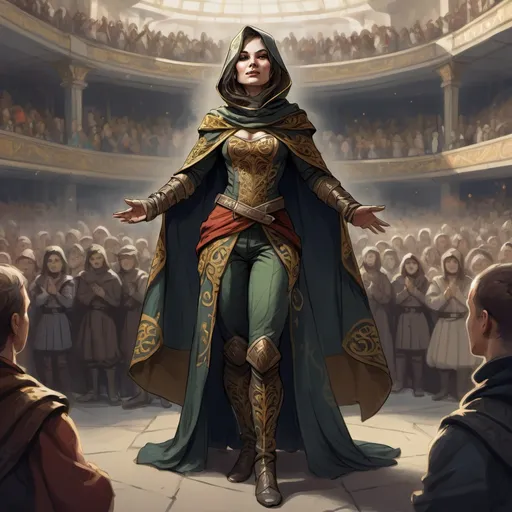 Prompt: color sketch of a female human rogue in ornate clothes standing proudly in front of an applauding crowd. She is wearing pants and a cloak and her arms are raised.