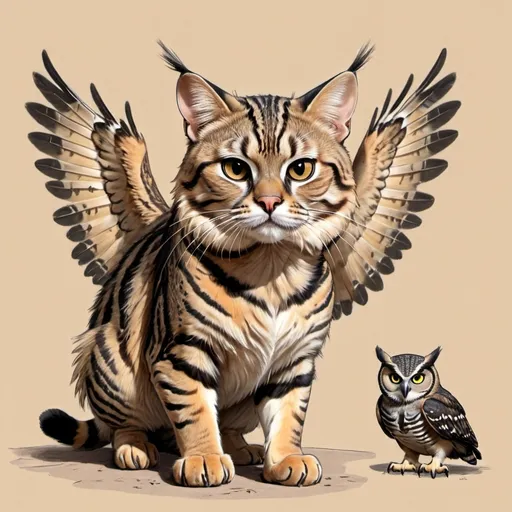 Prompt: A sketch of black footed cat with owl wings