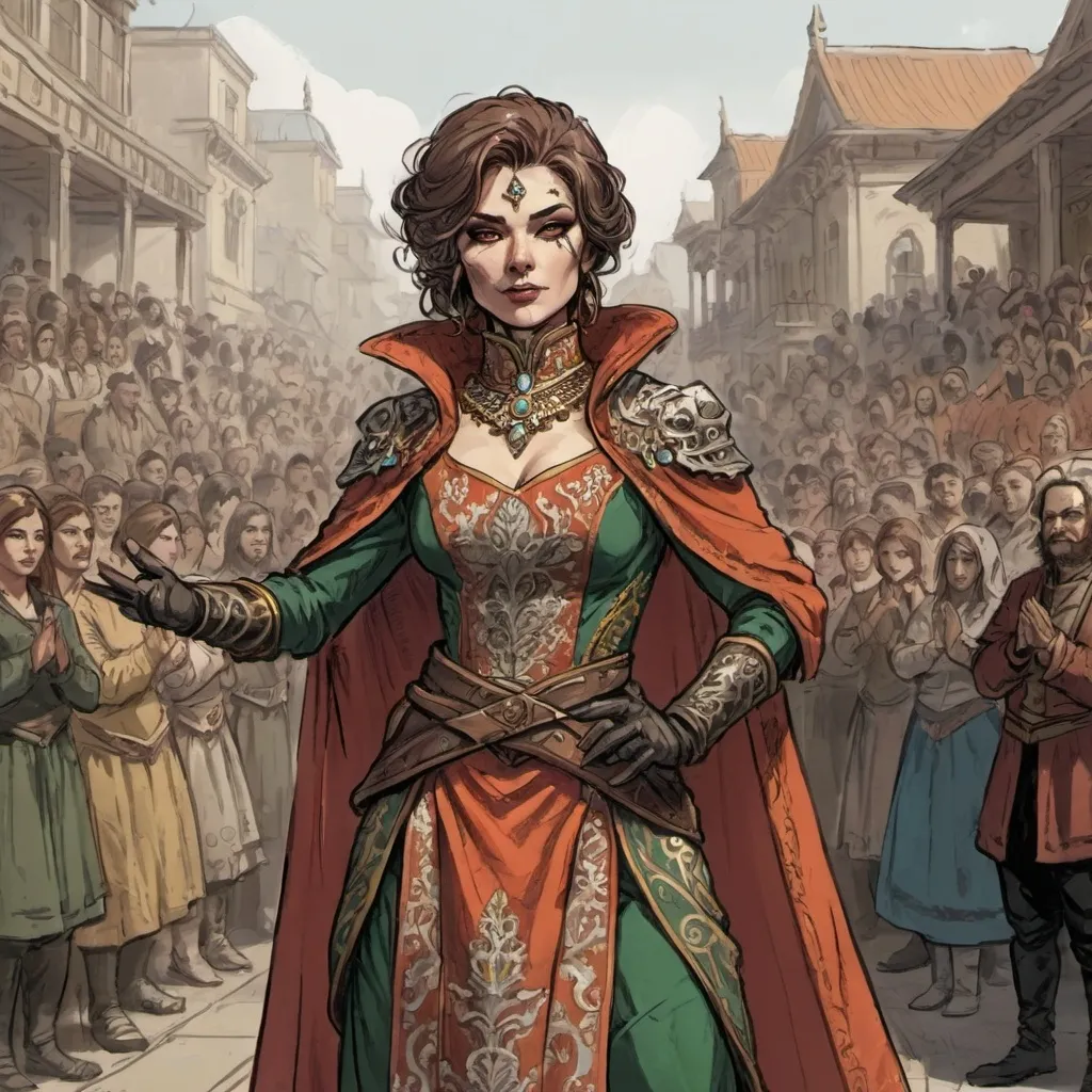 Prompt: color sketch of a female human rogue in ornate clothes standing proudly in front of an applauding crowd