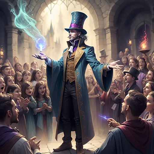 Prompt: color sketch of a fantasy character showing magic spells to a crowd with the magician on the side of the picture and the focus on the crowd