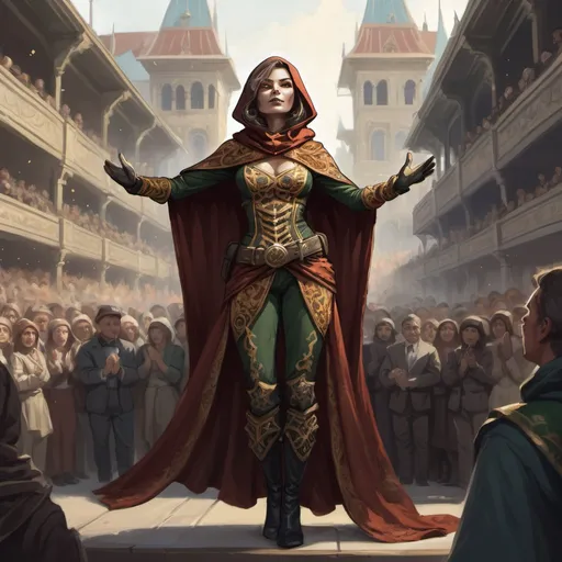 Prompt: color sketch of a female human rogue in ornate clothes standing proudly in front of an applauding crowd. She is wearing pants and a cloak and her arms are raised.