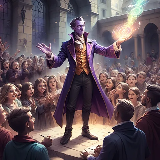 Prompt: color sketch of a fantasy character showing magic spells to a crowd with the magician on the side of the picture and the focus on the crowd