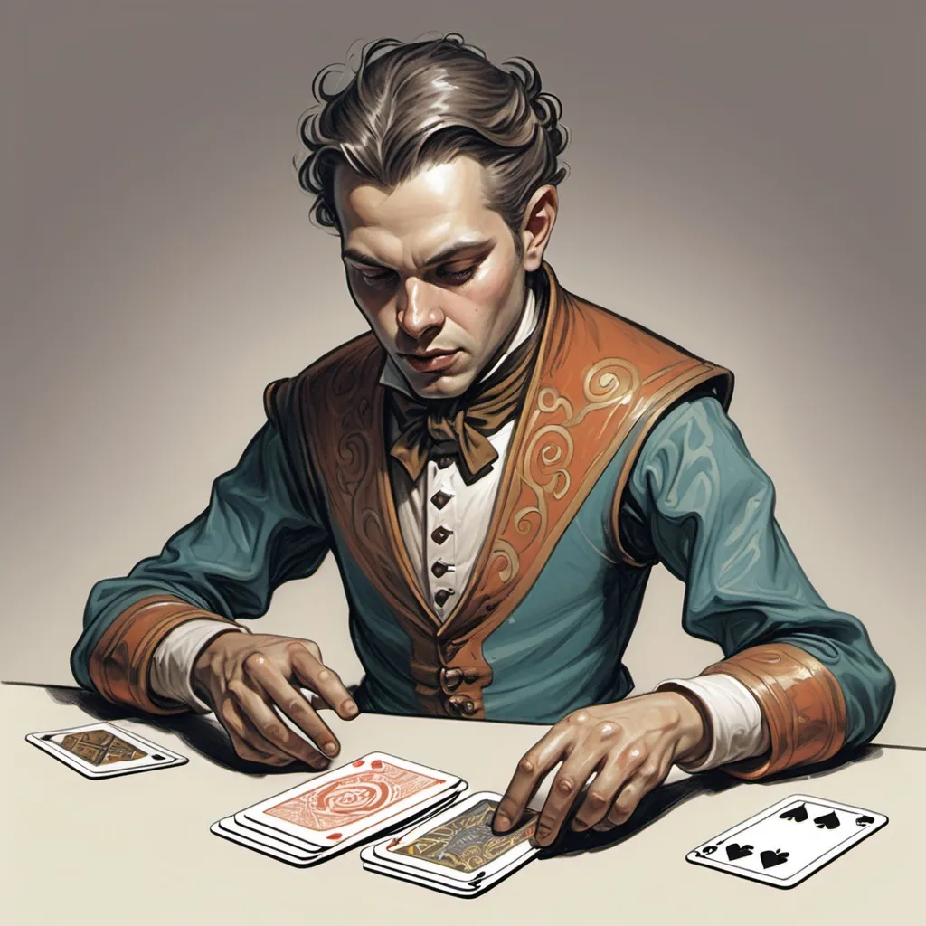 Prompt: color sketch of a fantasy person playing a shuffling three cards