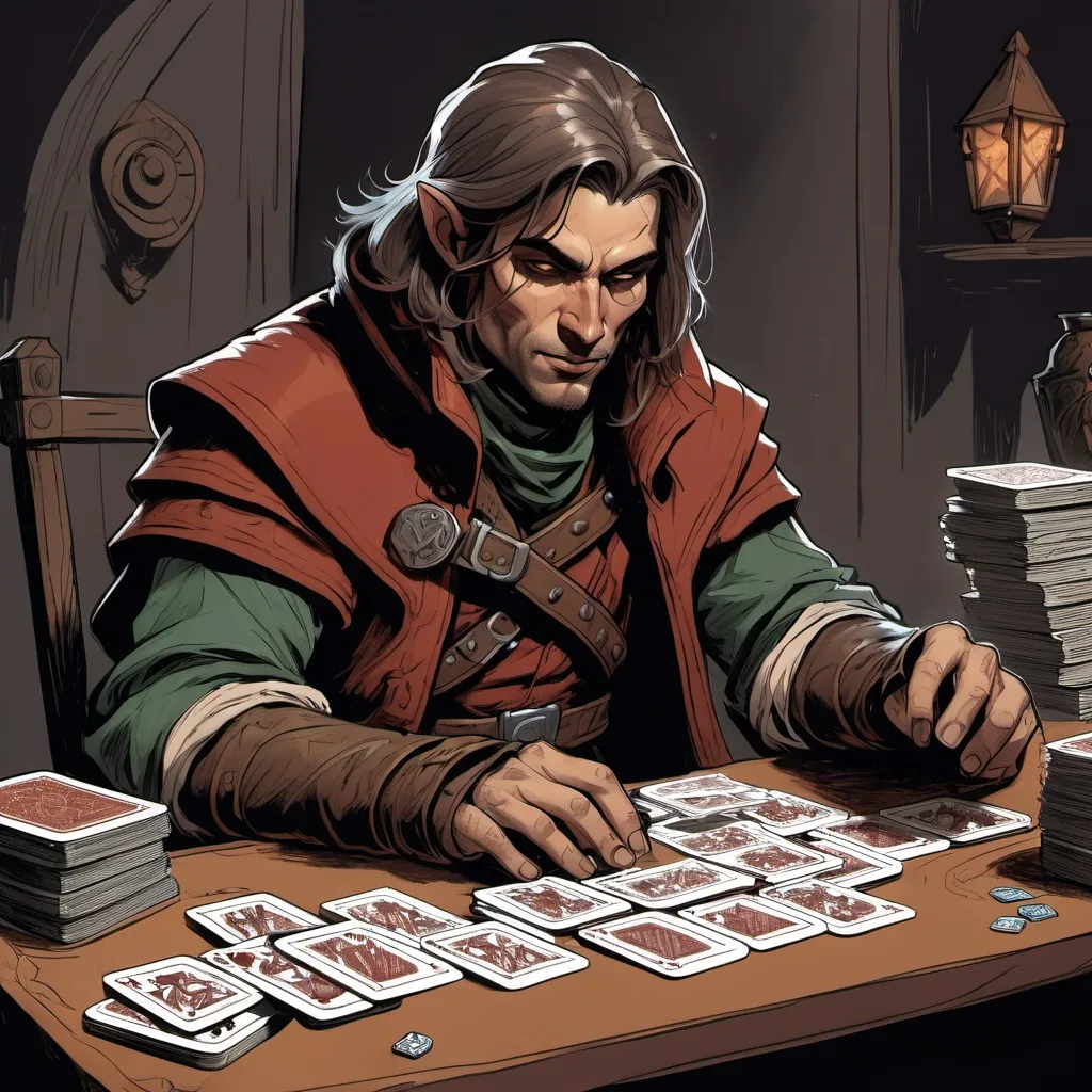 Prompt: color sketch of a fantasy rogue with a desk of cards in his hands