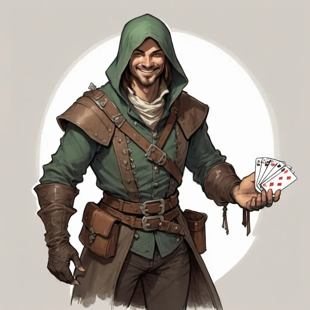 Prompt: color sketch of a fantasy rogue with a desk of cards in his hands. He is smiling.