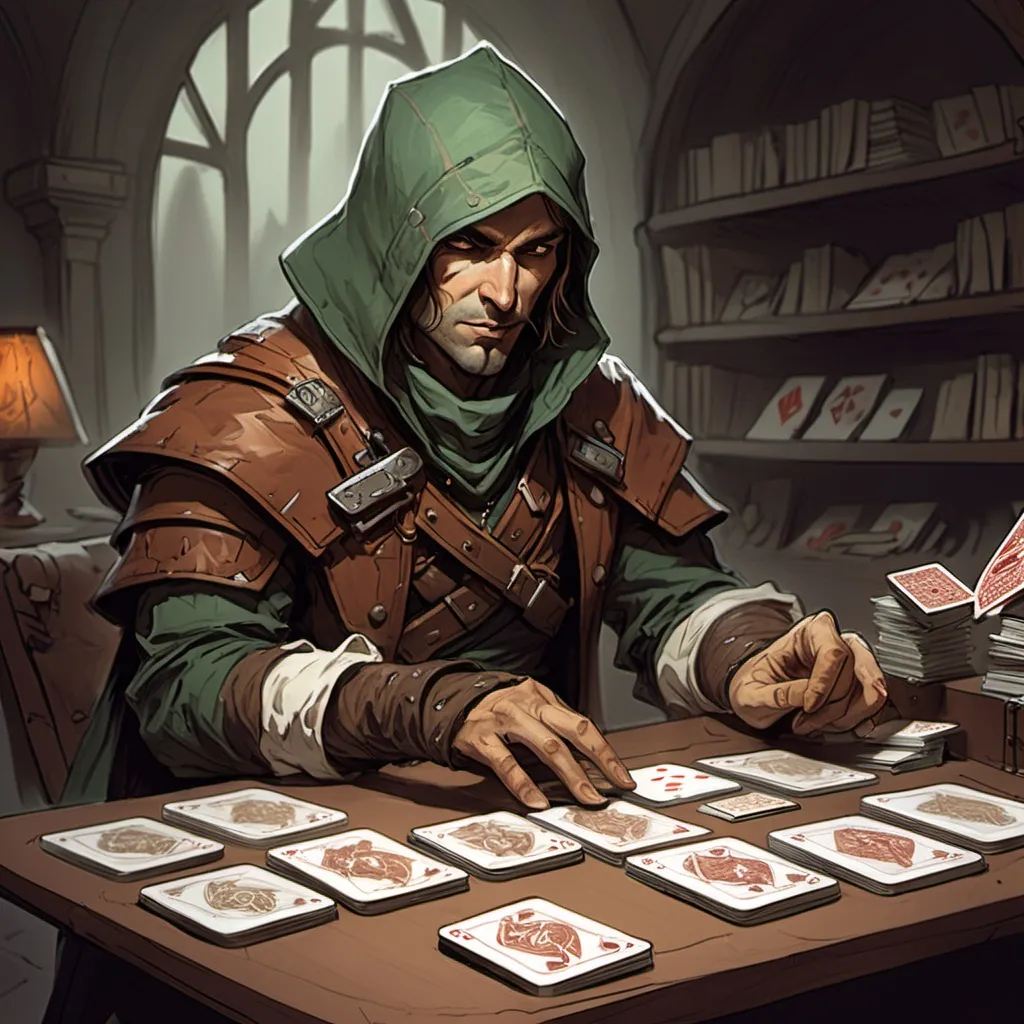 Prompt: color sketch of a fantasy rogue with a desk of cards in his hands