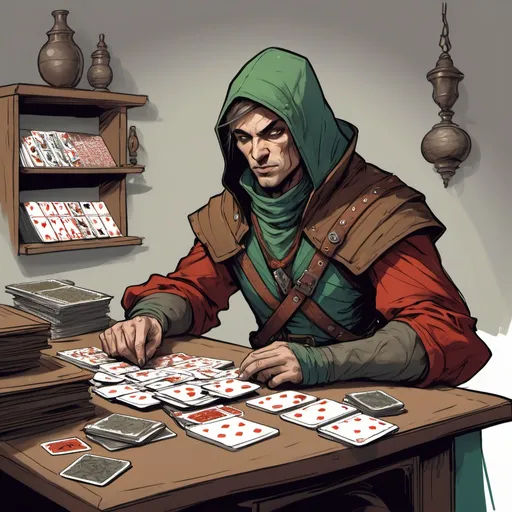 Prompt: color sketch of a fantasy rogue with a desk of cards