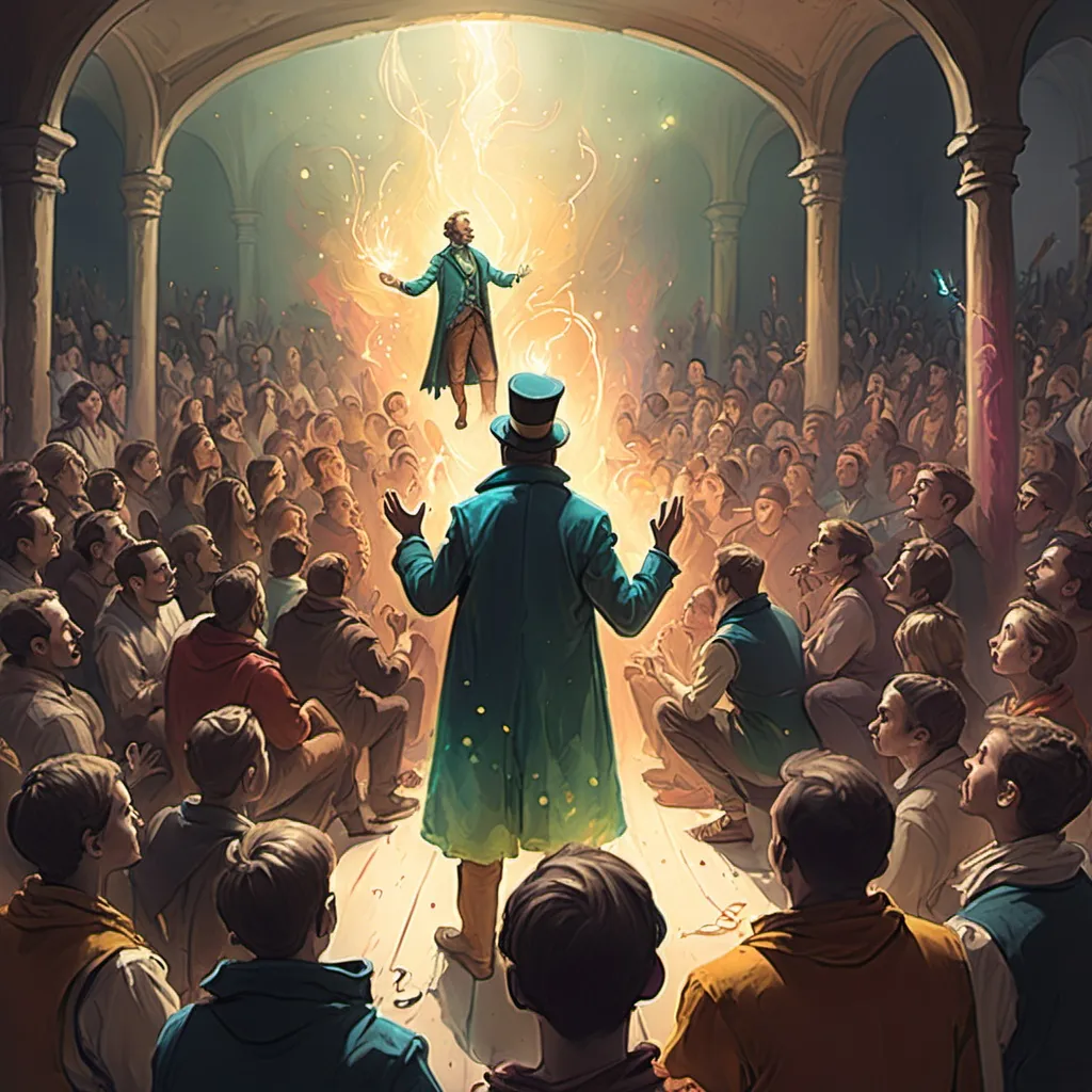 Prompt: color sketch of a fantasy crowd watching a person perform magic