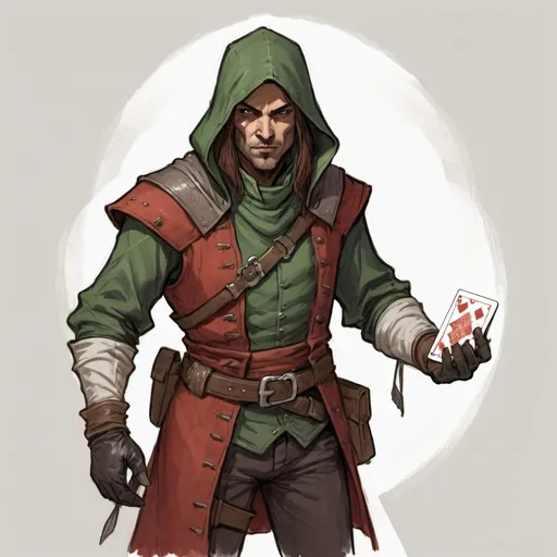 Prompt: color sketch of a fantasy rogue with a desk of cards in his hands