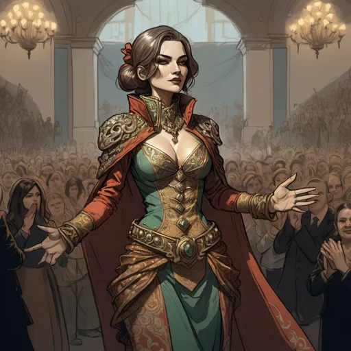 Prompt: color sketch of a female human rogue in ornate clothes standing proudly in front of an applauding crowd