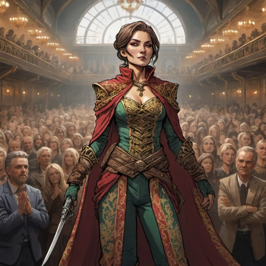 Prompt: color sketch of a female human rogue in ornate clothes standing proudly in front of an applauding crowd