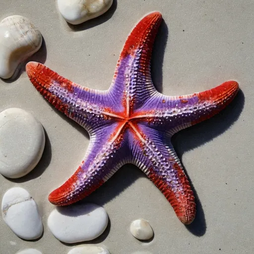 Prompt: A petrified red and purple starfish