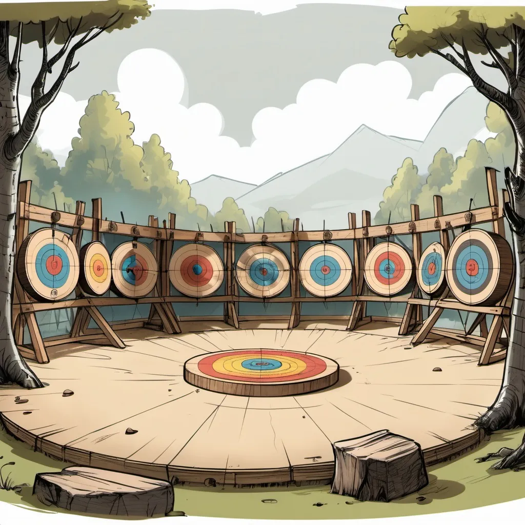 Prompt: color sketch of a fantasy archery range with round wooden targets