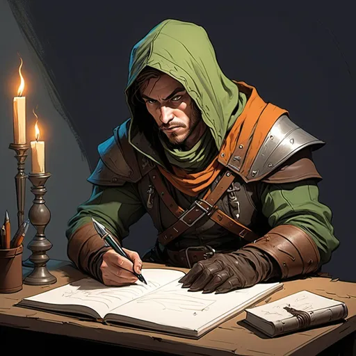 Prompt: color sketch of a fantasy rogue writing