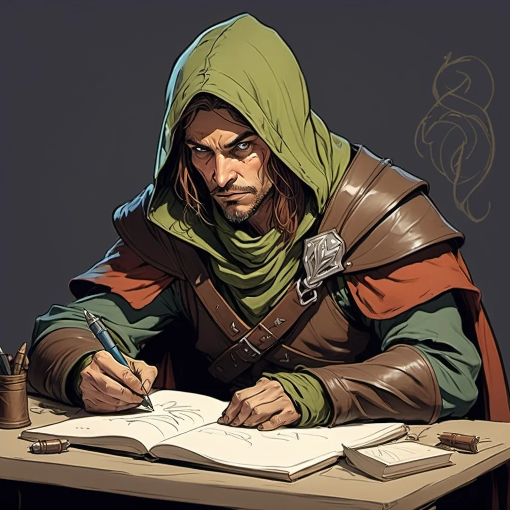 Prompt: color sketch of a fantasy rogue writing