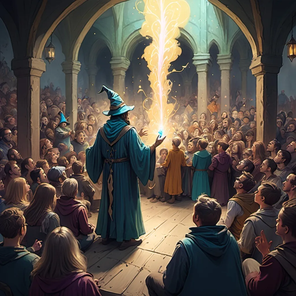 Prompt: color sketch of a fantasy crowd watching a wizard perform magic