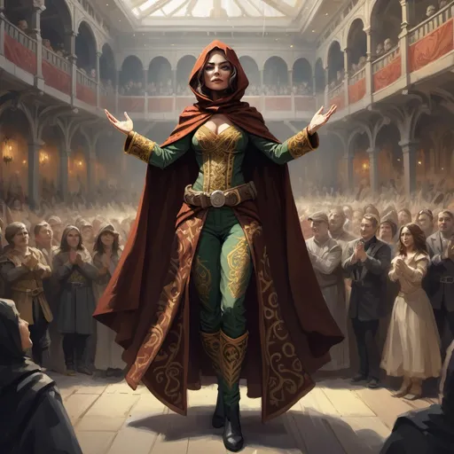 Prompt: color sketch of a female human rogue in ornate clothes standing proudly in front of an applauding crowd. She is wearing pants and a cloak and her arms are raised.