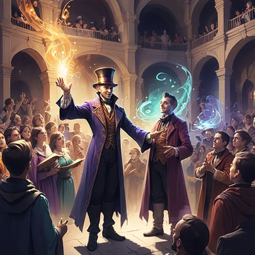 Prompt: color sketch of a fantasy character showing magic spells to a crowd with the magician on the left of the picture and the crowd on the right