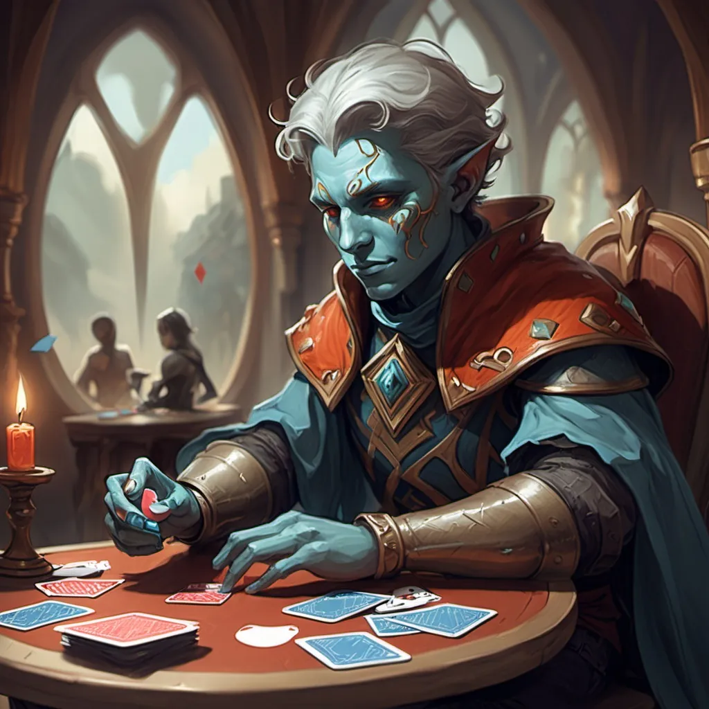 Prompt: color sketch of a fantasy person playing a card game