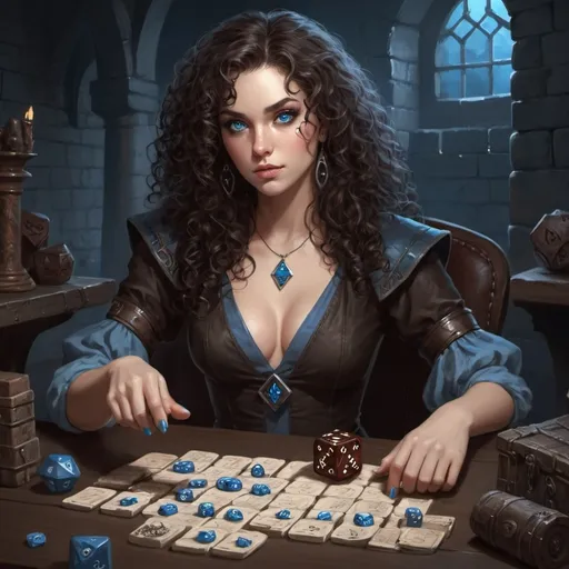 Prompt: fantasy woman with dark blown curly hair and blue eyes who is a dungeon master. She is sitting at a table with dice on it.