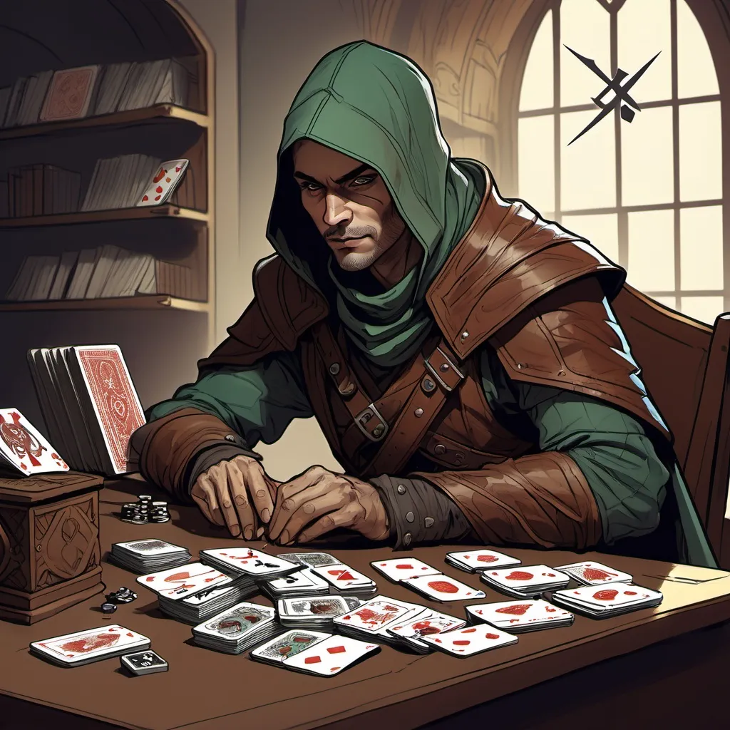 Prompt: color sketch of a fantasy rogue with a desk of cards