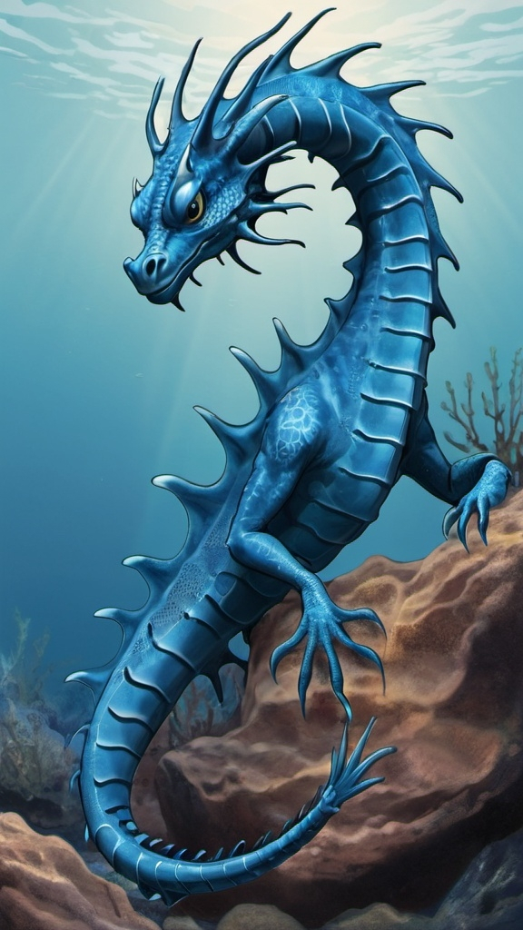 Prompt: illustration of blue sea dragon