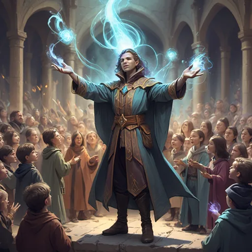 Prompt: color sketch of a fantasy character showing magic spells to a crowd