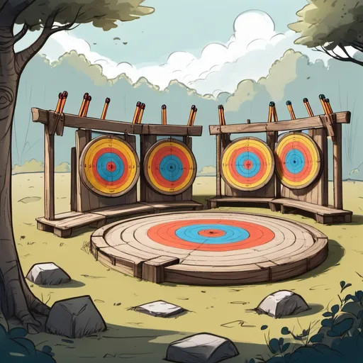 Prompt: color sketch of a fantasy archery range with round wooden targets