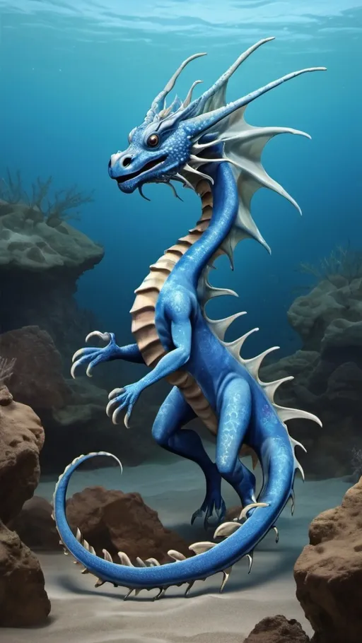 Prompt: illustration of blue sea dragon with four legs