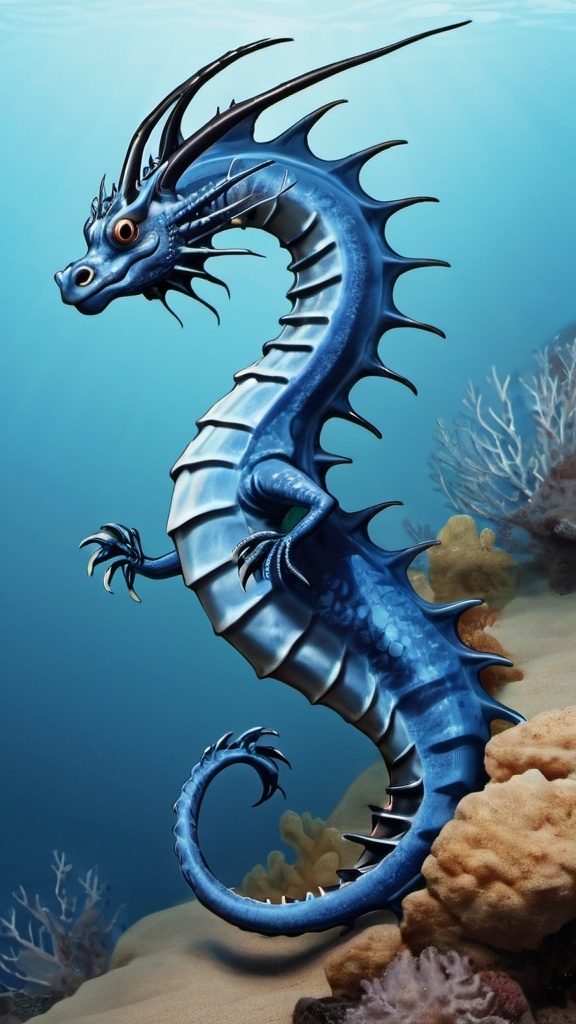 Prompt: illustration of blue sea dragon